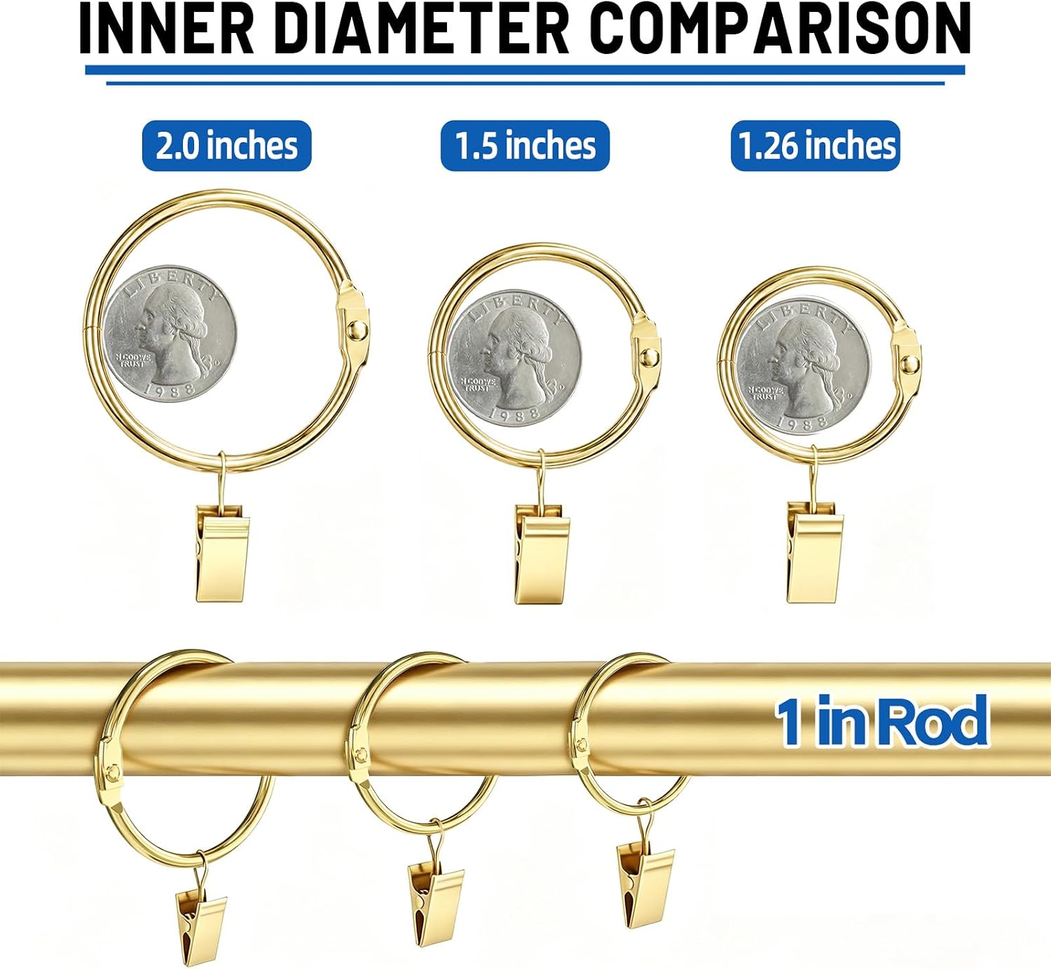 Rustproof Openable Curtain Clip Rings – 2" Inner Dia (Pack of 24, Classic Gold)