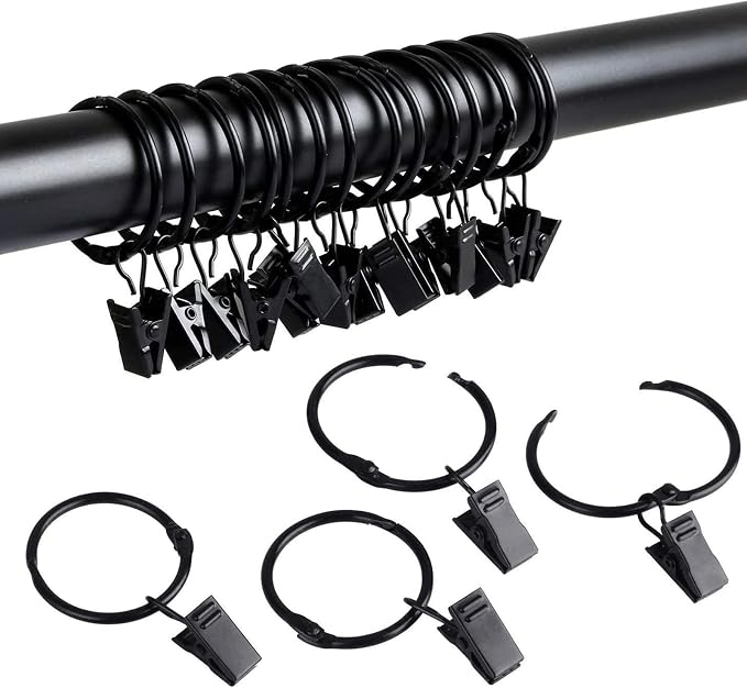 Openable Curtain Clip Rings – 1" (25mm) Rustproof Metal (Pack of 24, Matte Black)