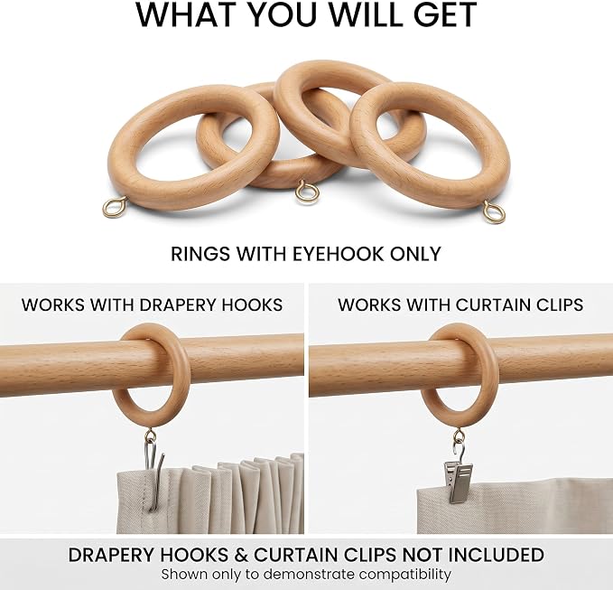 Solid Beech Wood Curtain Pole Rings – 2.2" Inner Diameter (Pack of 12)