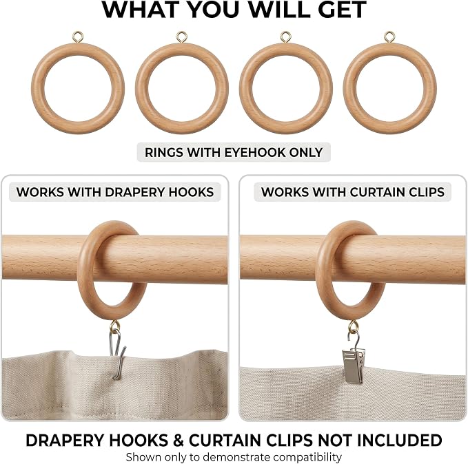Solid Beech Wood Curtain Pole Rings – 2.7" Inner Diameter (Pack of 12)
