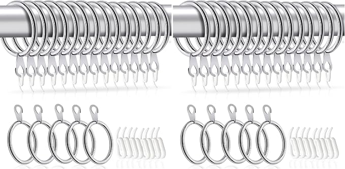 Metal Eyelet Curtain Pole Rings with Hanging Hooks – 38mm (Pack of 50, Silver)