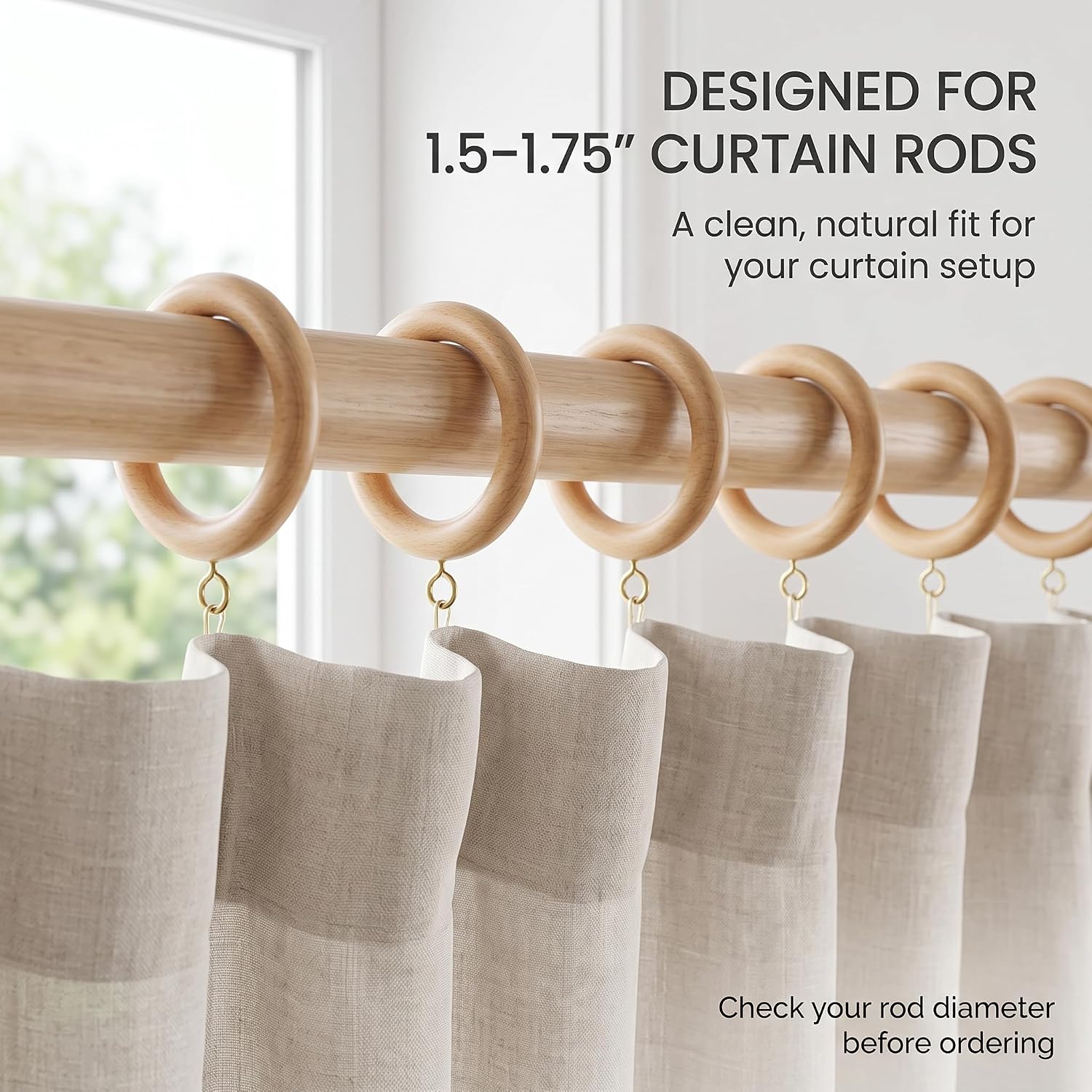 Solid Beech Wood Curtain Pole Rings – 2.2" Inner Diameter (Pack of 12)