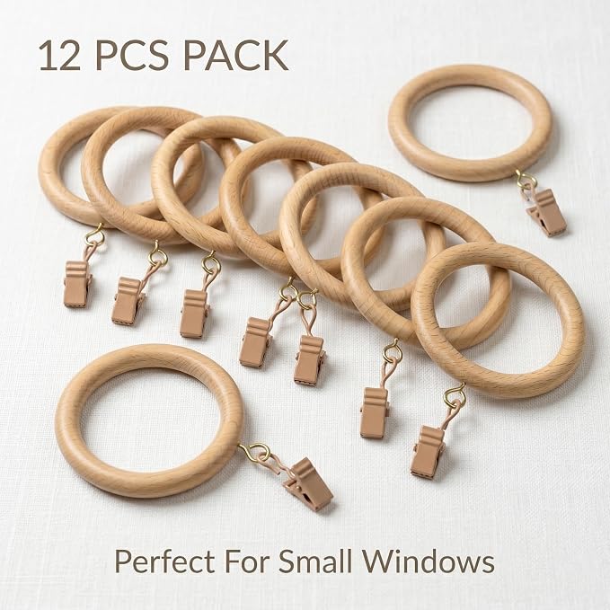 Large Beechwood Drapery Rings with Tension Clips – 2.7" Inner Dia (Pack of 12)