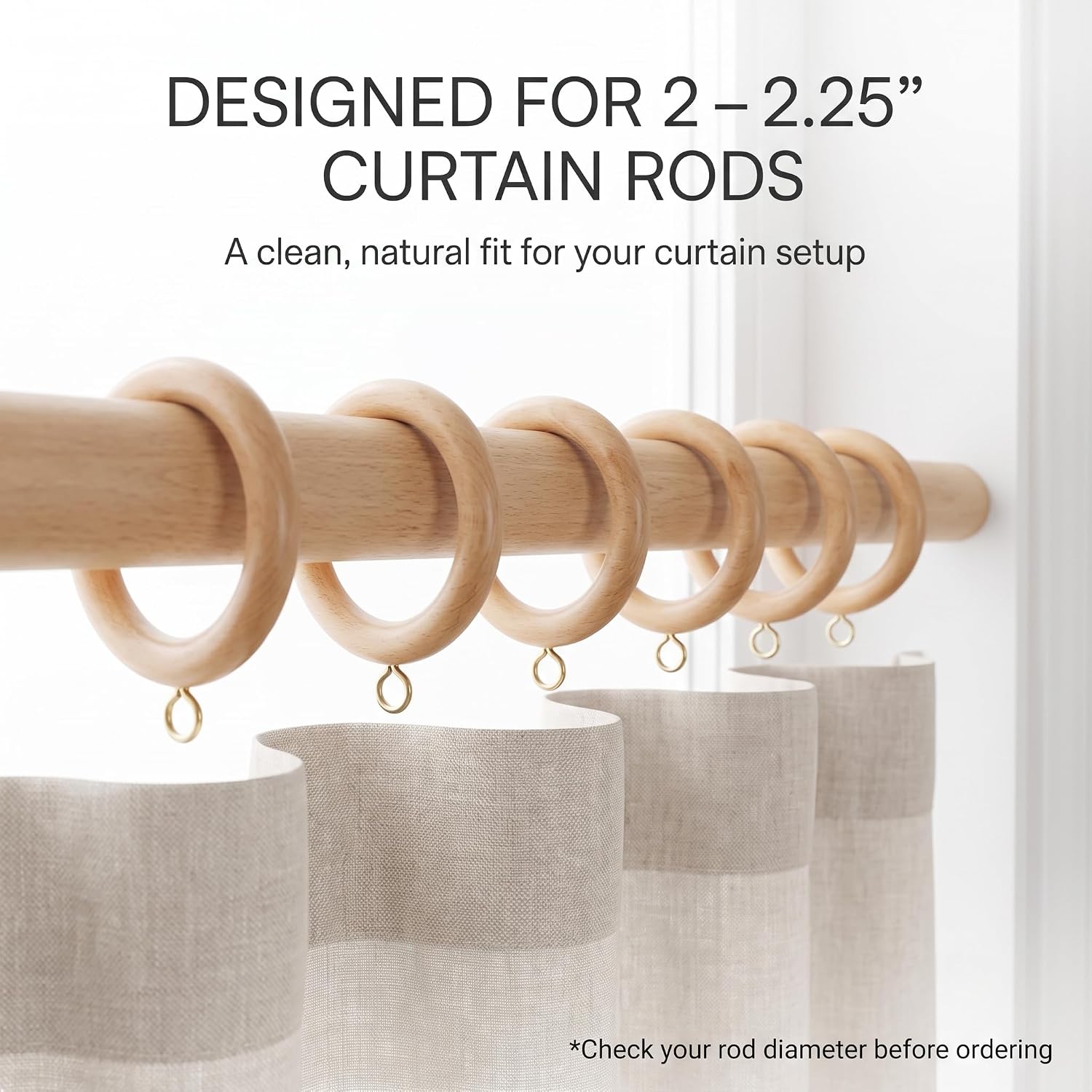 Solid Beech Wood Curtain Pole Rings – 2.7" Inner Diameter (Pack of 12)