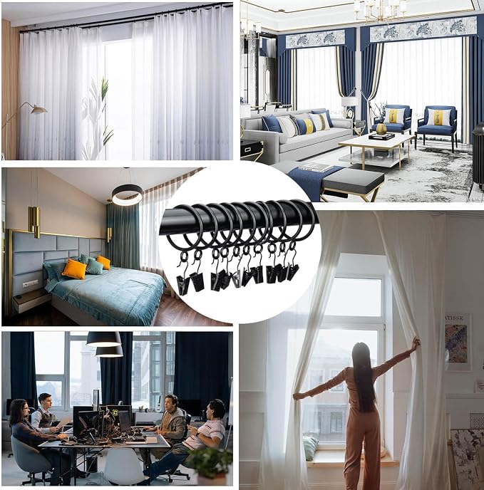 Decorative Curtain Clip Rings with Pin Hooks – 2" (50mm) Inner Dia (Pack of 24, Classic Black)