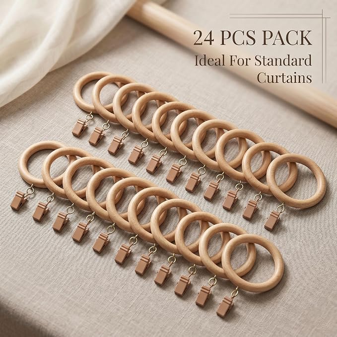 Natural Beechwood Curtain Rings with Metal Clips – 2.2" Inner Dia (Pack of 24)
