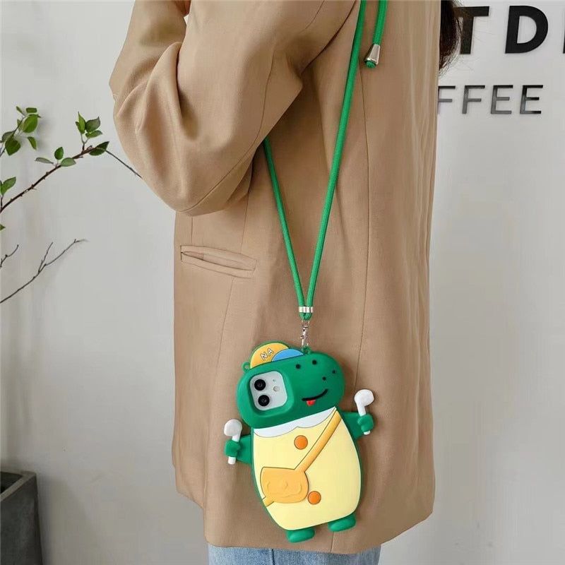 Cartoon Dinosaur 3D Cute iPhone Cases with Lanyard