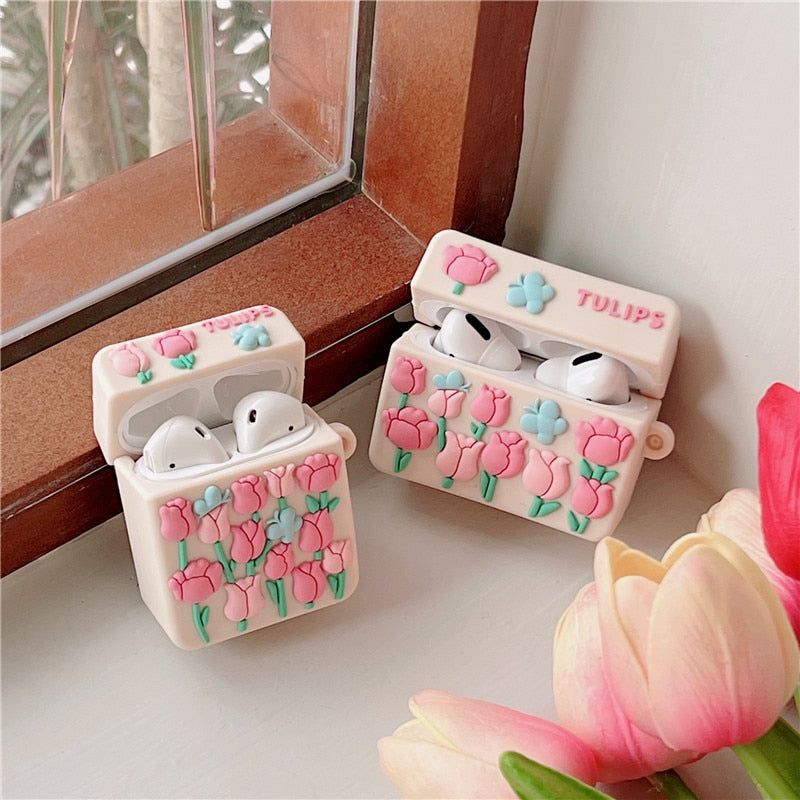 Pink Floral 3D Silicone Earphone Airpods Cases 