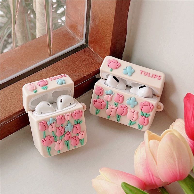 Pink Floral 3D Silicone Earphone Airpods Cases 