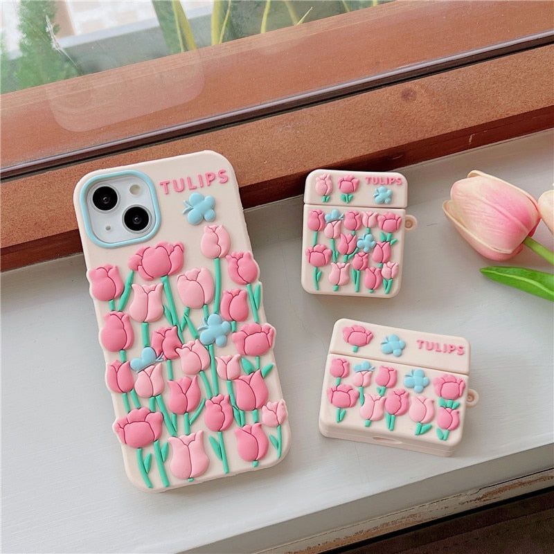 Pink Floral 3D Silicone Earphone Airpods Cases 