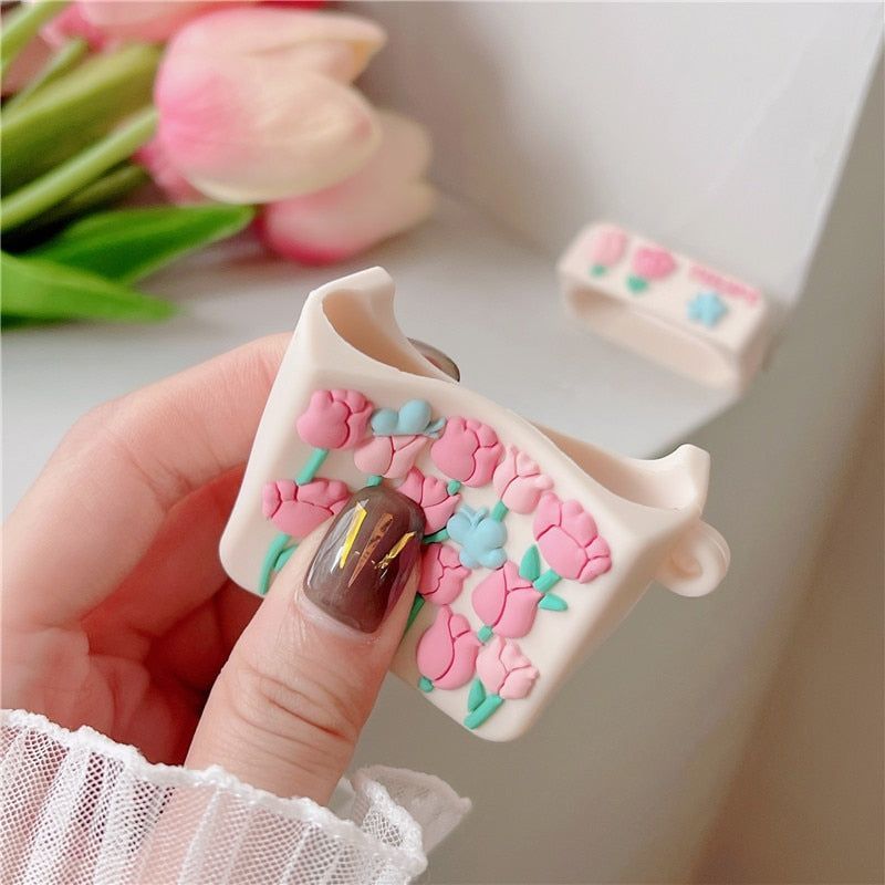 Pink Floral 3D Silicone Earphone Airpods Cases 