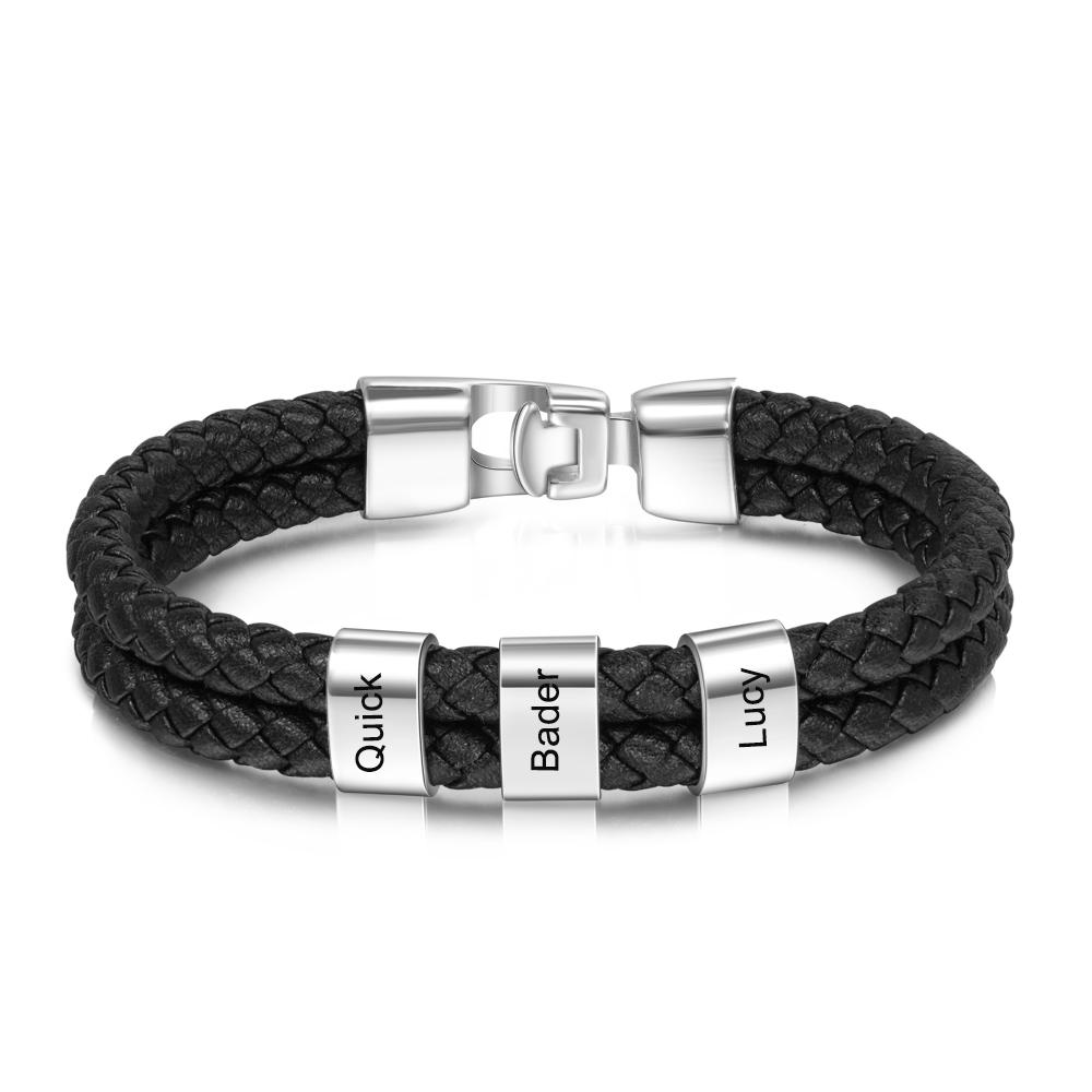 Men Leather Bracelet with 3 Engraved Beads Custom Two Layers Bracelet Black