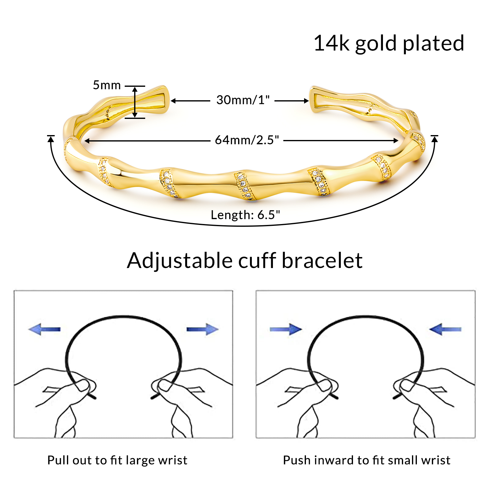 14K Gold Adjustable Cuff Bracelet Bamboo-Shaped Bangle