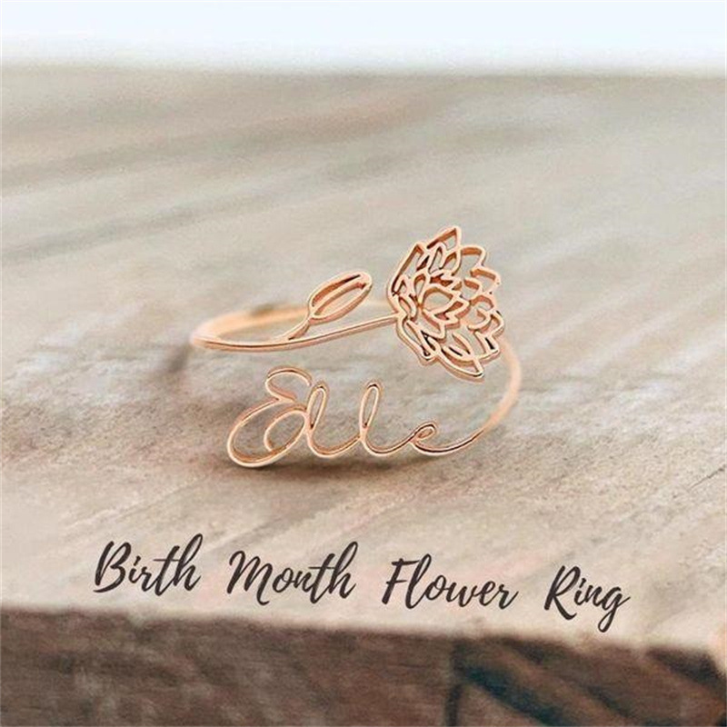 S925 Silver Adjustable Birthday Flower and Name Ring
