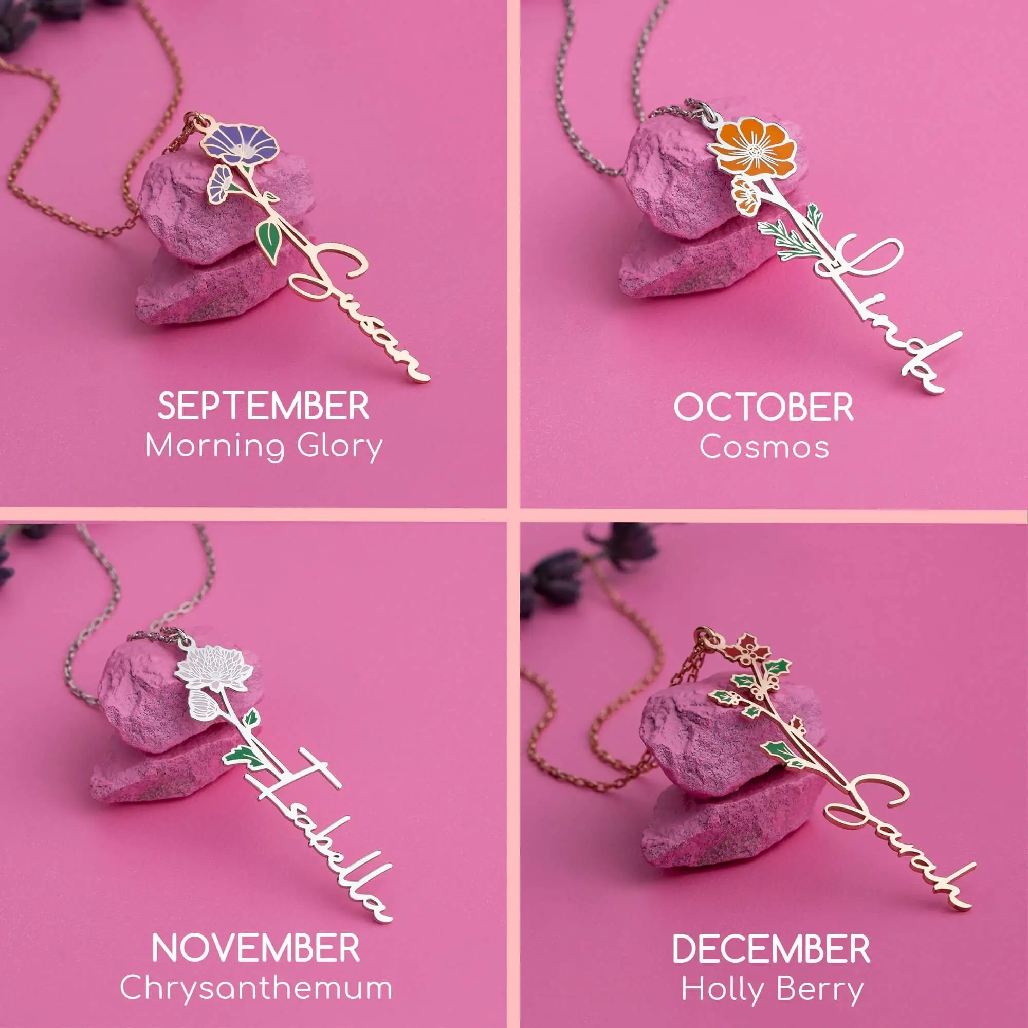 Custom Name Necklace with Birth Flower