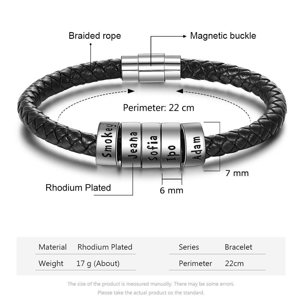 Leather Braided Rope Bracelet For Men Engraved Mens Bracelet Black with 5 beads