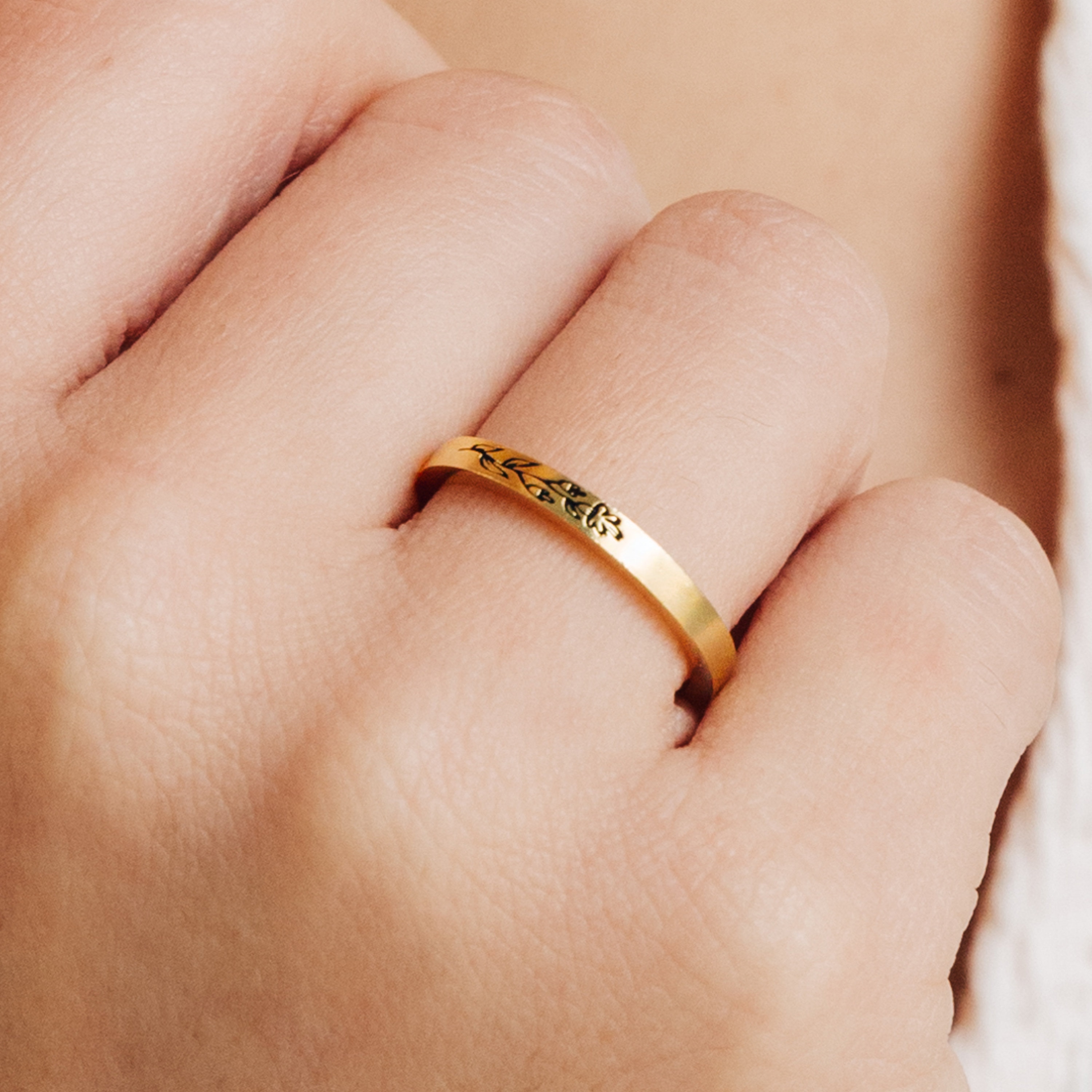 Thin Custom Ring with Engraved Flowers Minimalist