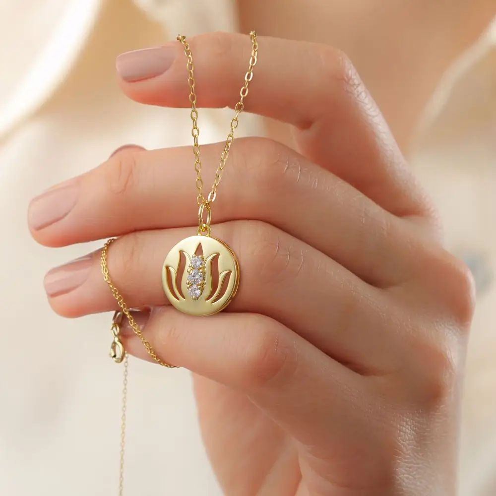 Lotus Flower Pendant Necklace With Cubic Zirconia 