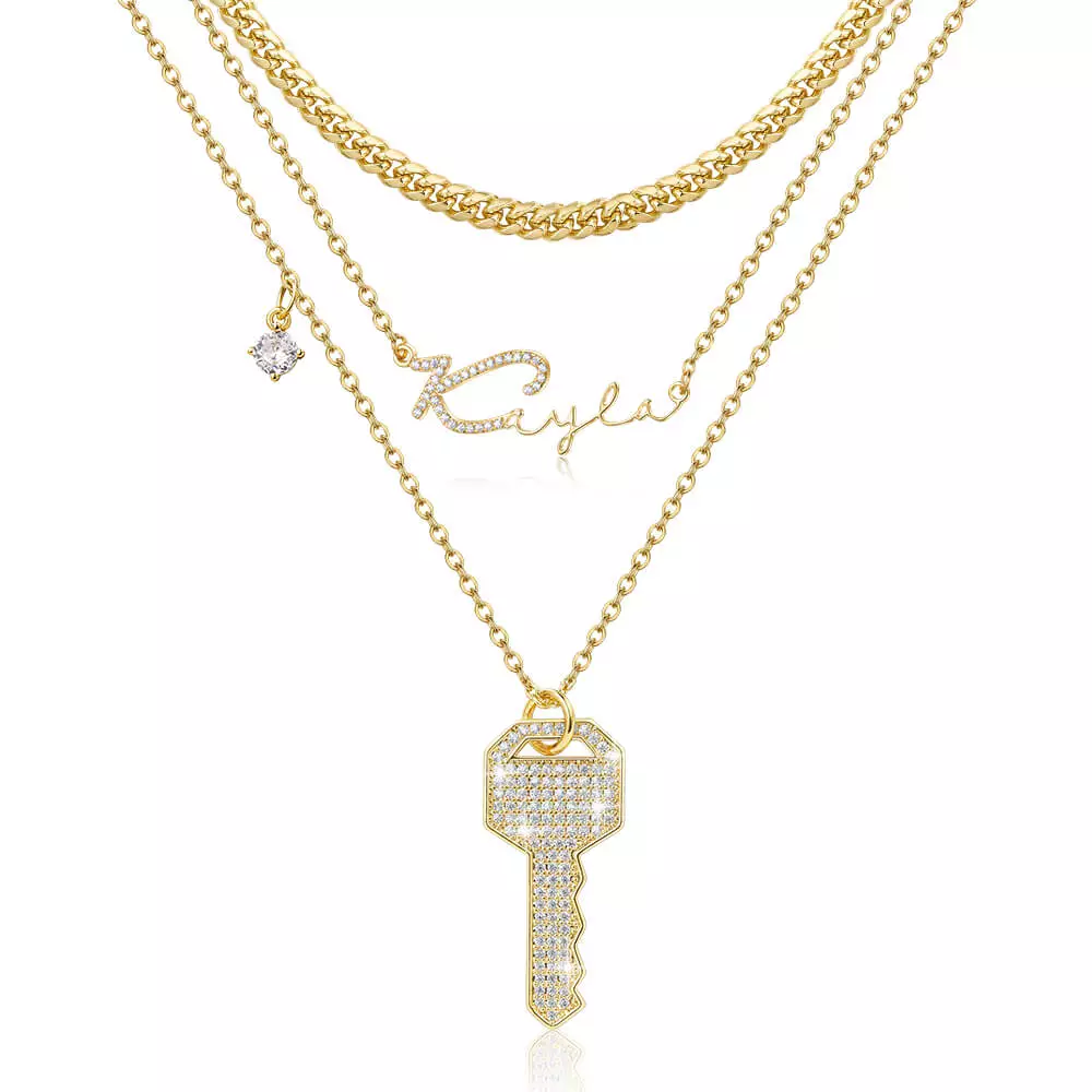 Joycename Layered Name Necklace Key Cuban Link Chain