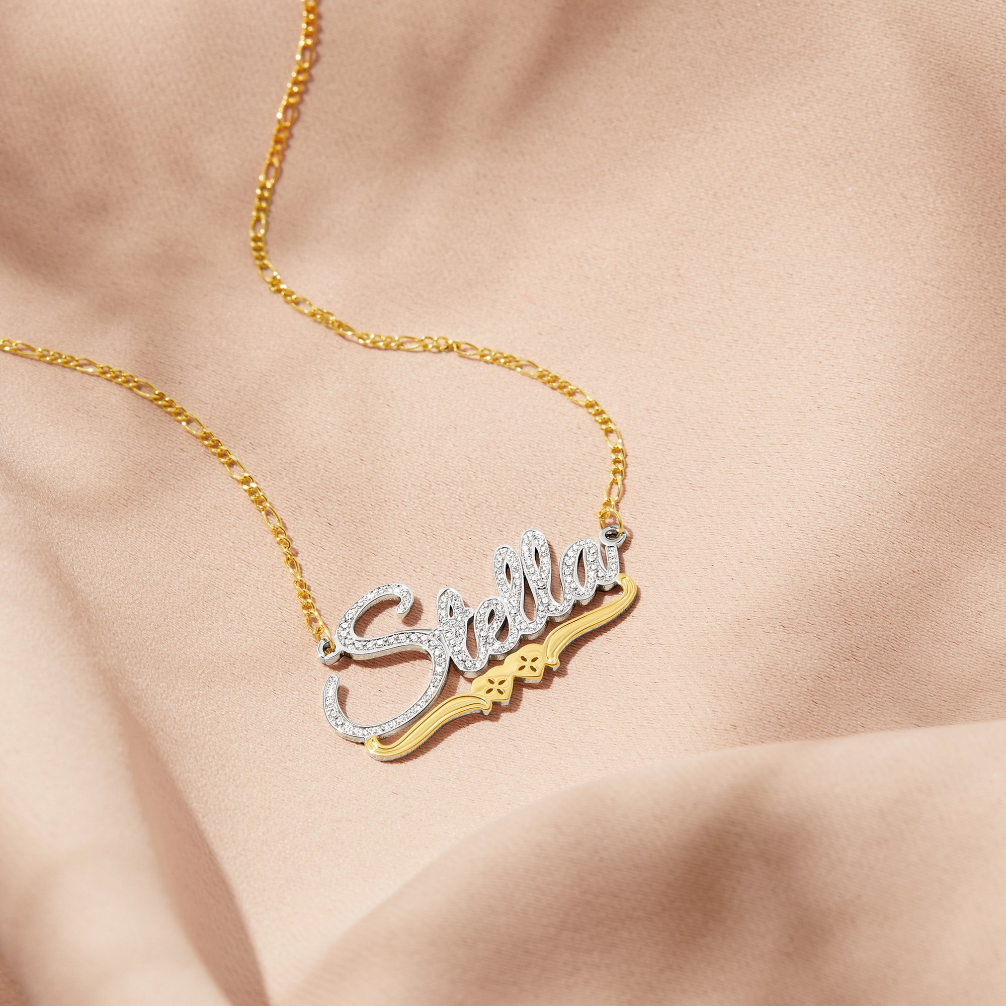 Personalized name necklace with double heart