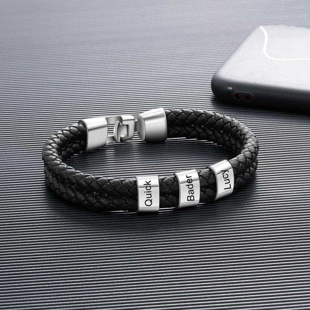 Men Leather Bracelet with 3 Engraved Beads Custom Two Layers Bracelet Black