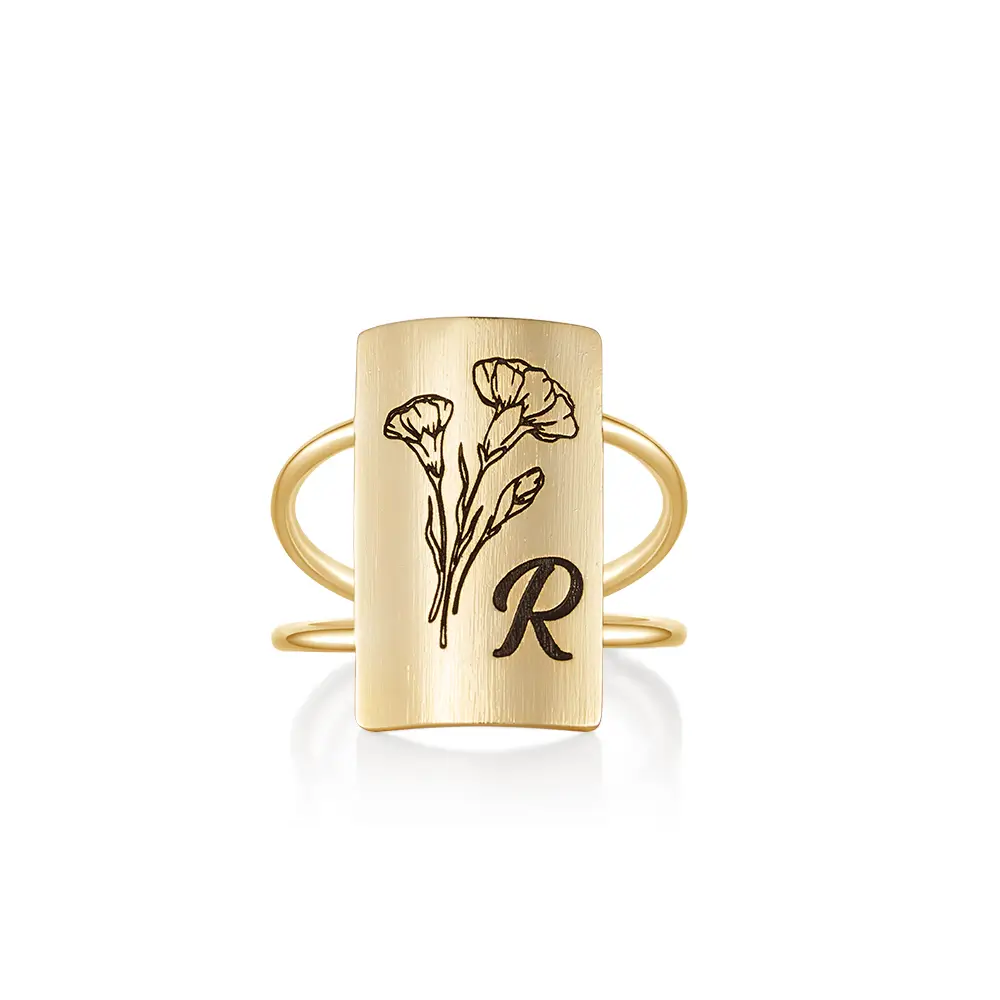 Personalized Birth Flower Letter Ring
