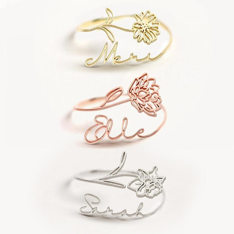 S925 Silver Adjustable Birthday Flower and Name Ring