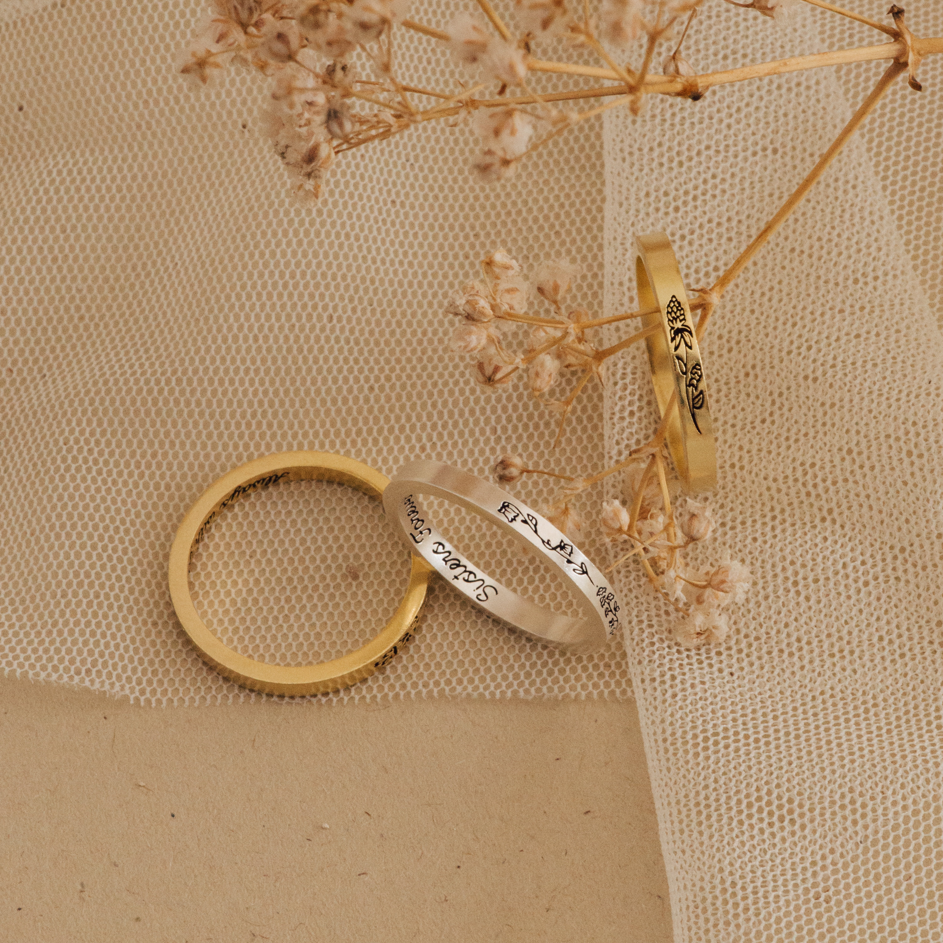Thin Custom Ring with Engraved Flowers Minimalist