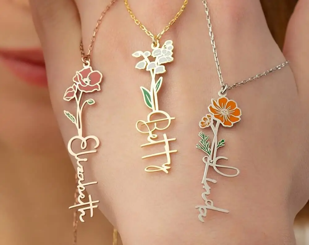 Joycenamenecklace Custom Birth Flower Name Necklace