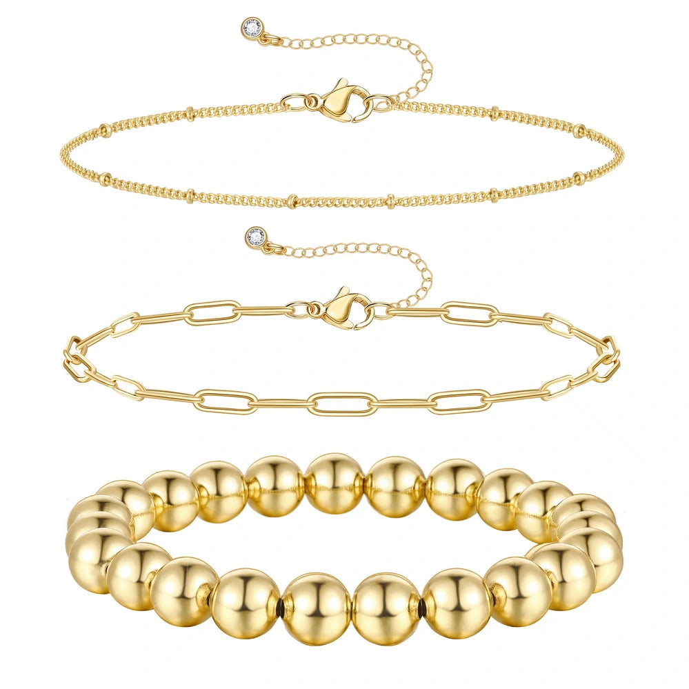 3Pcs Gold Layered Bead Bracelets Set for Women