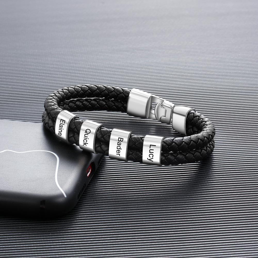 Men Leather Braided Bracelet with 4 Beads