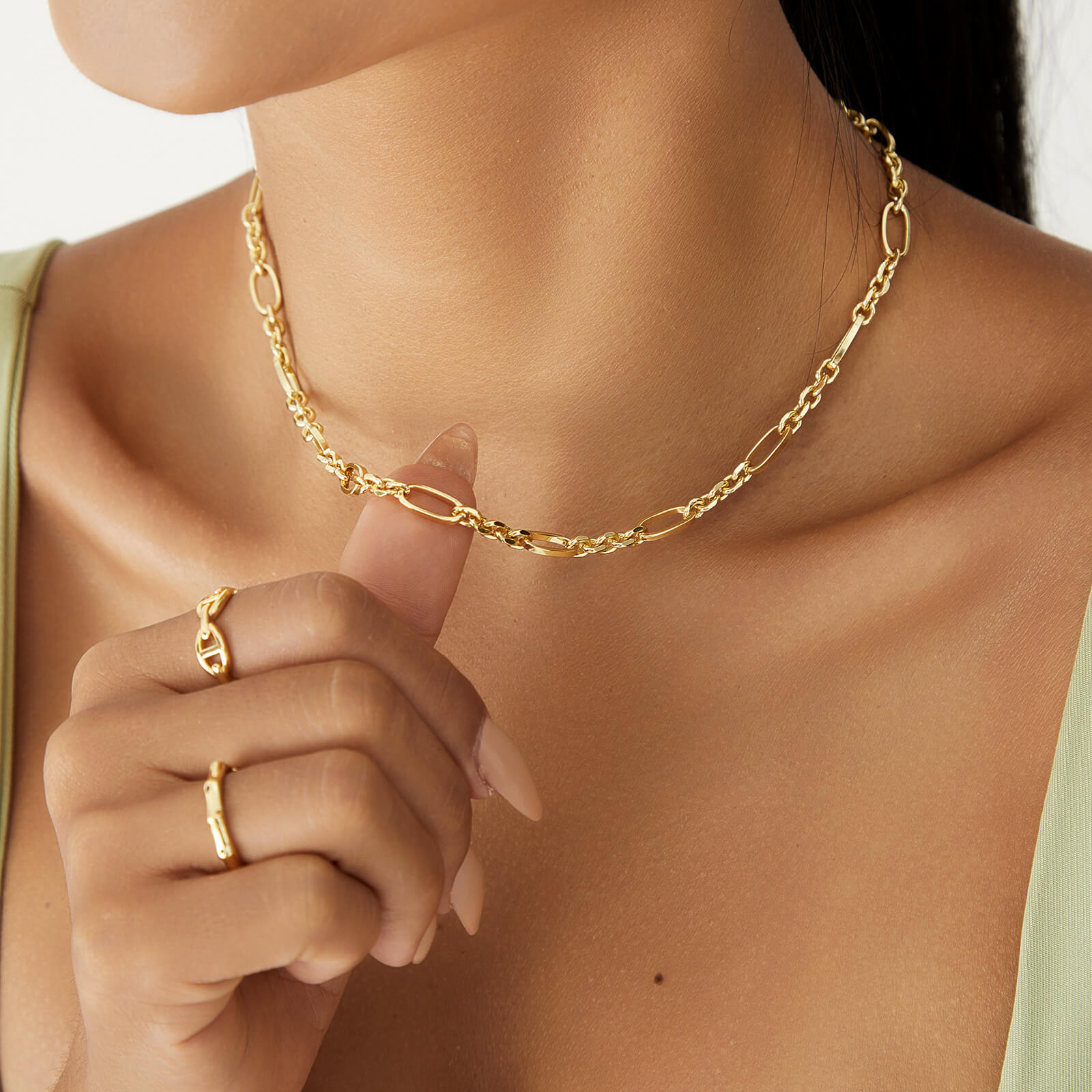 14K Gold Plated Textured Alternate Links Necklace