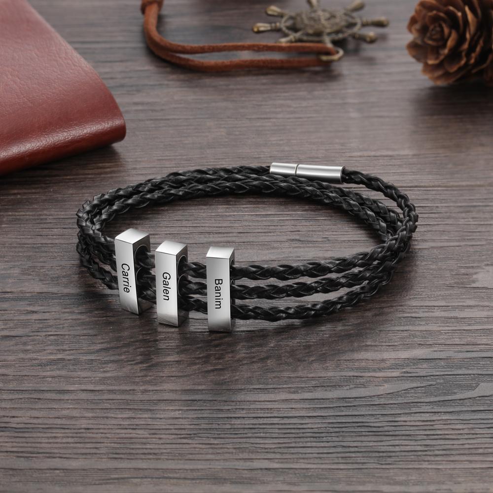 Men Leather Bracelet with Vertical Bar Three Layers Bracelet