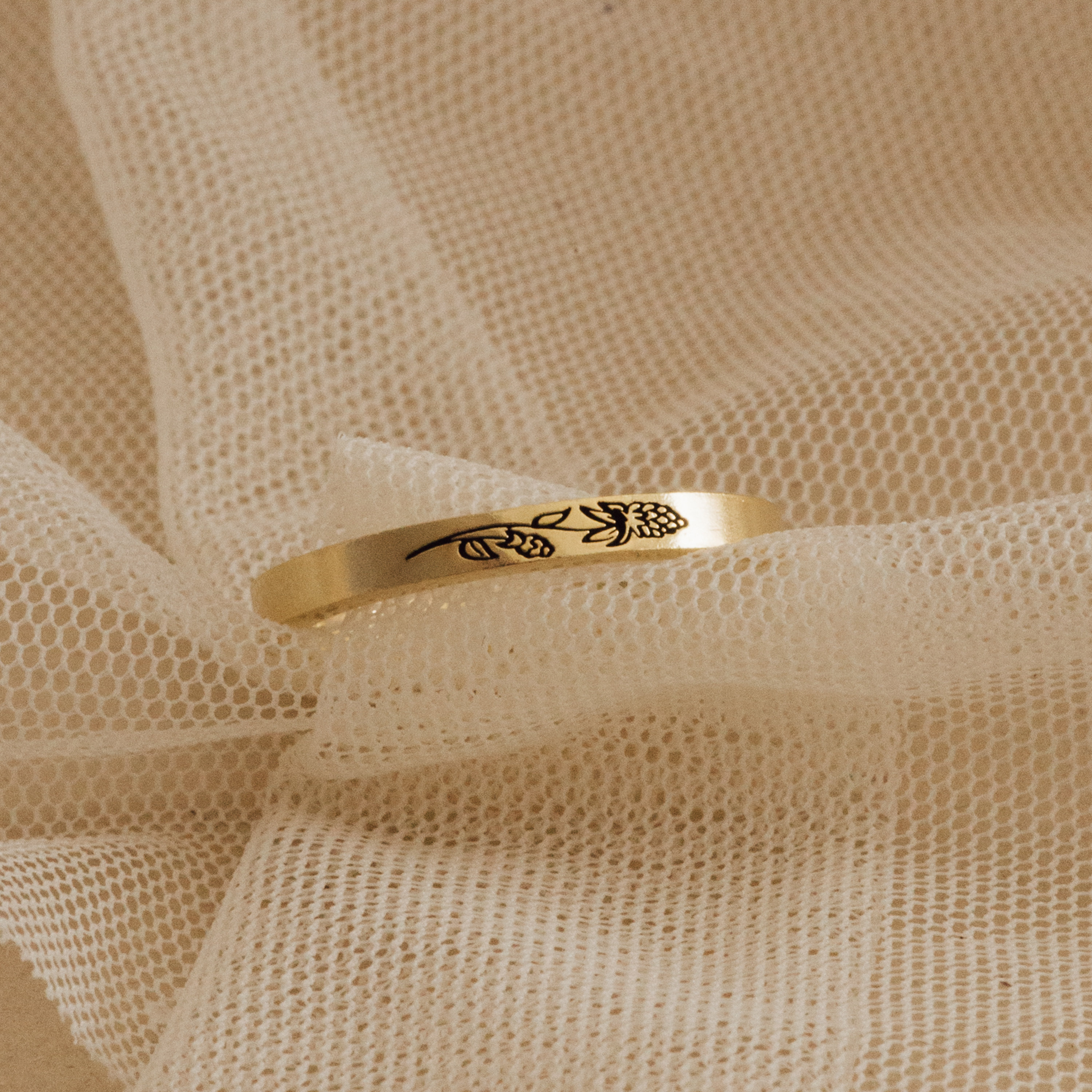 Thin Custom Ring with Engraved Flowers Minimalist