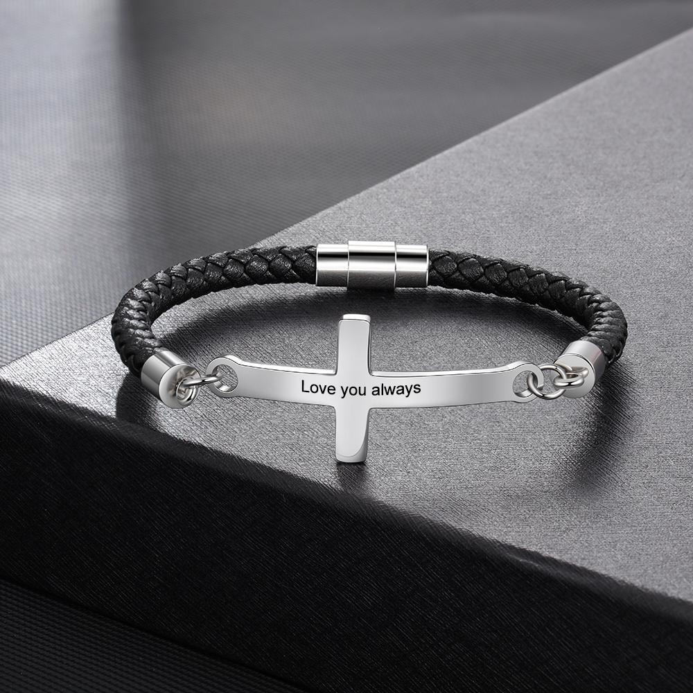 Men Leather Bracelet with Crosee Personalized Engraved Bracelet Black