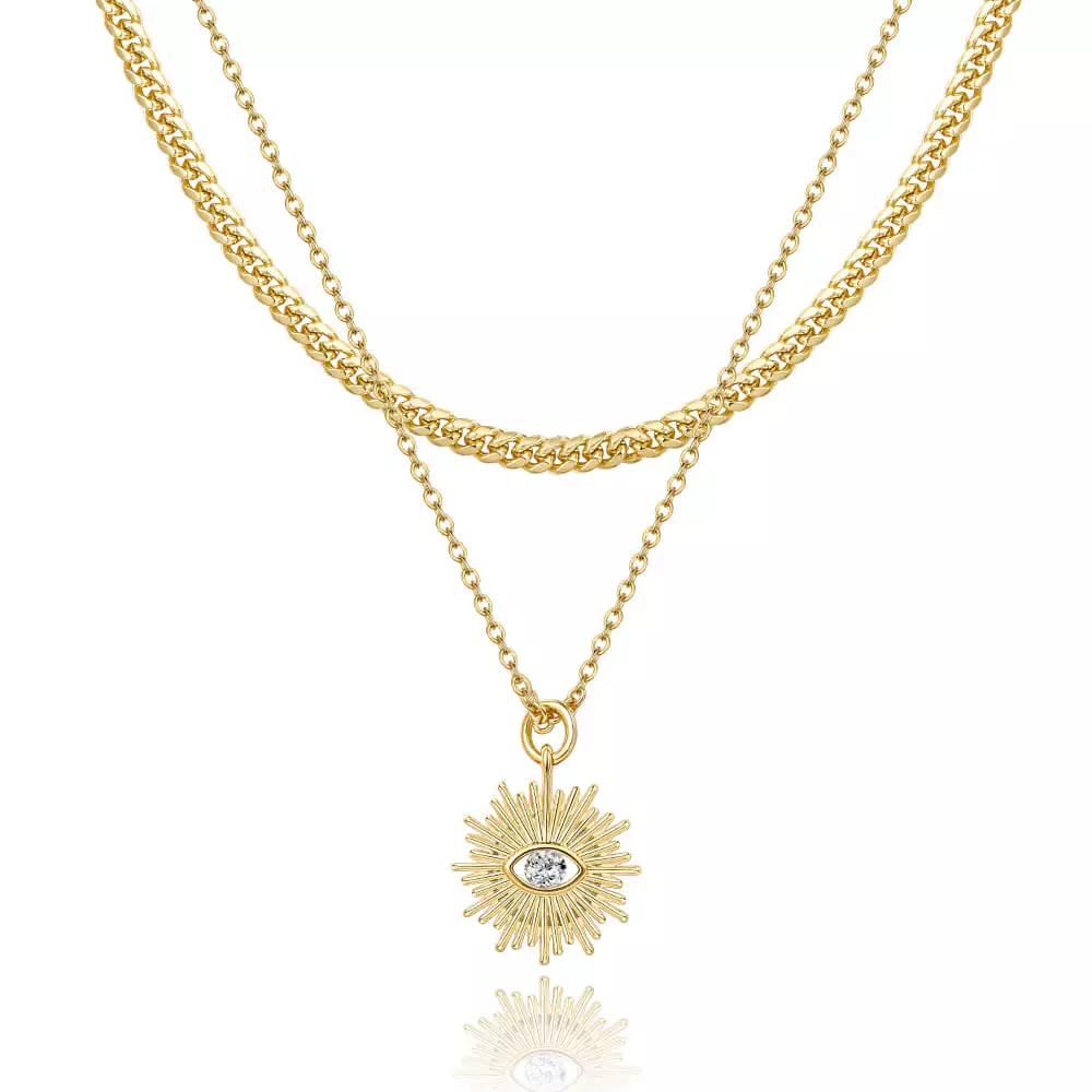 Layered Evil Eye Necklace With Cuban Link Chain