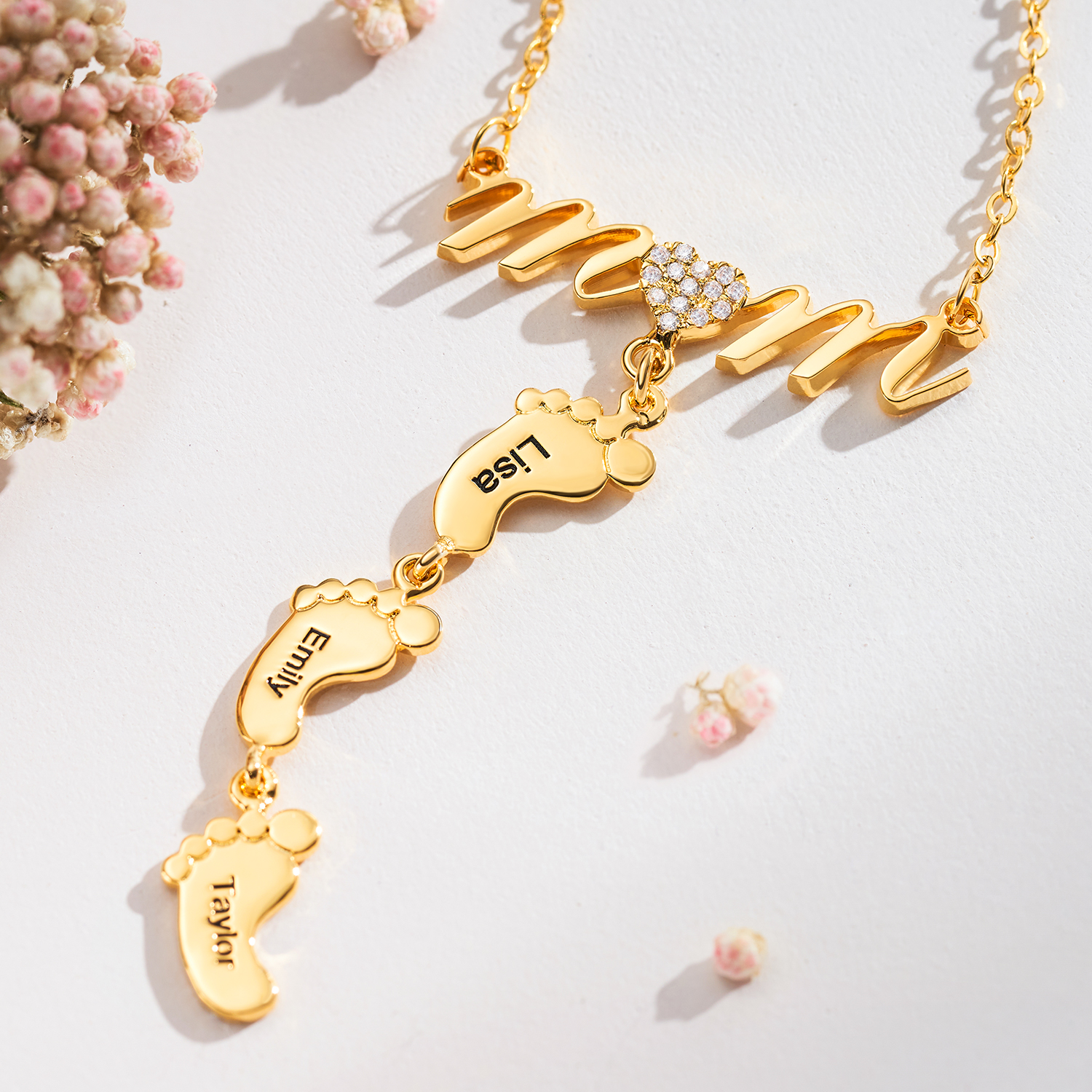 Baby Feet Mon Necklace Engraved 3 Names with CZ Heart