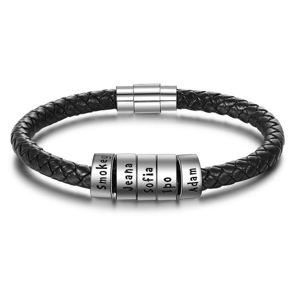 Leather Braided Rope Bracelet For Men Engraved Mens Bracelet Black with 5 beads