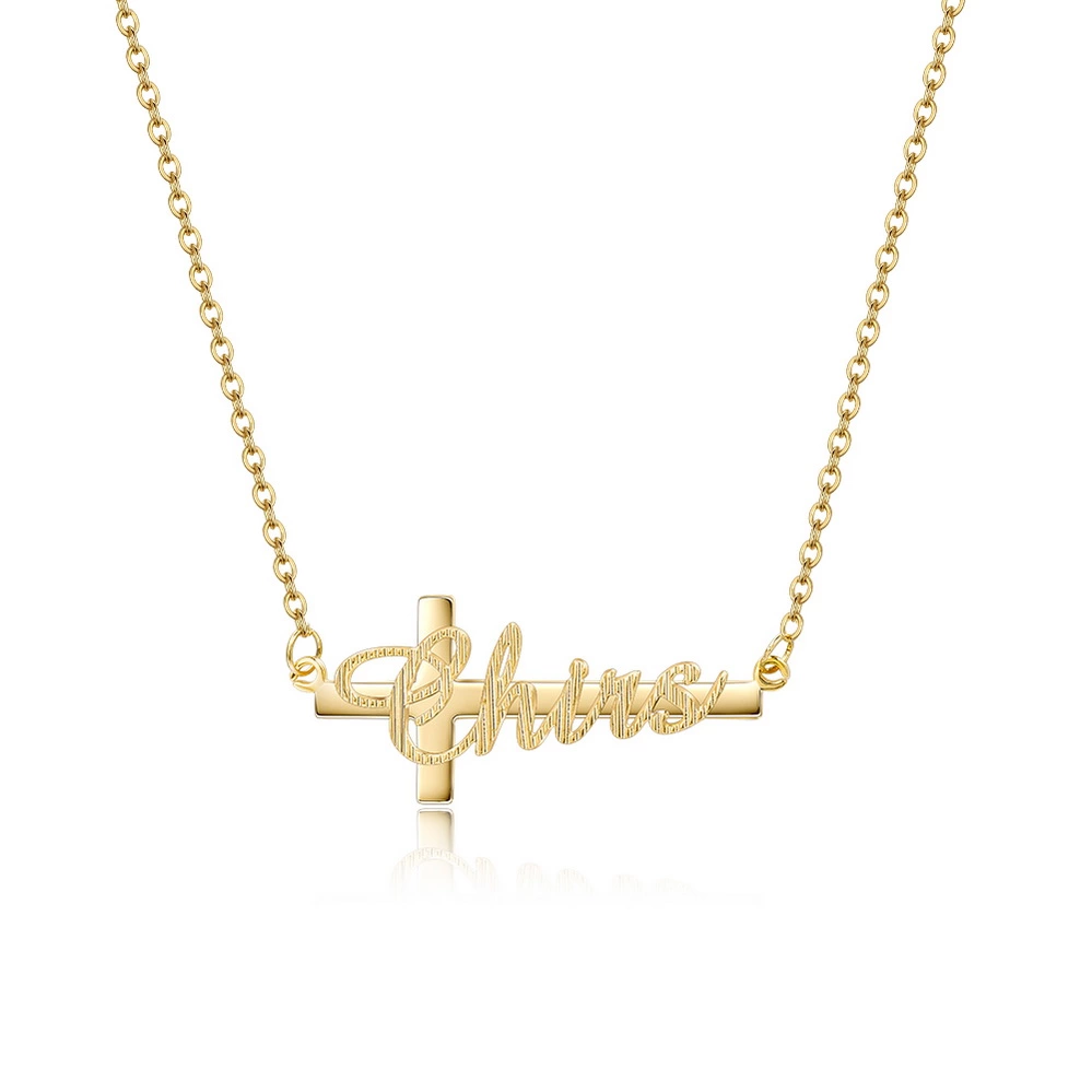 Joycenamenecklace Cross Engraved Gold Name Necklace