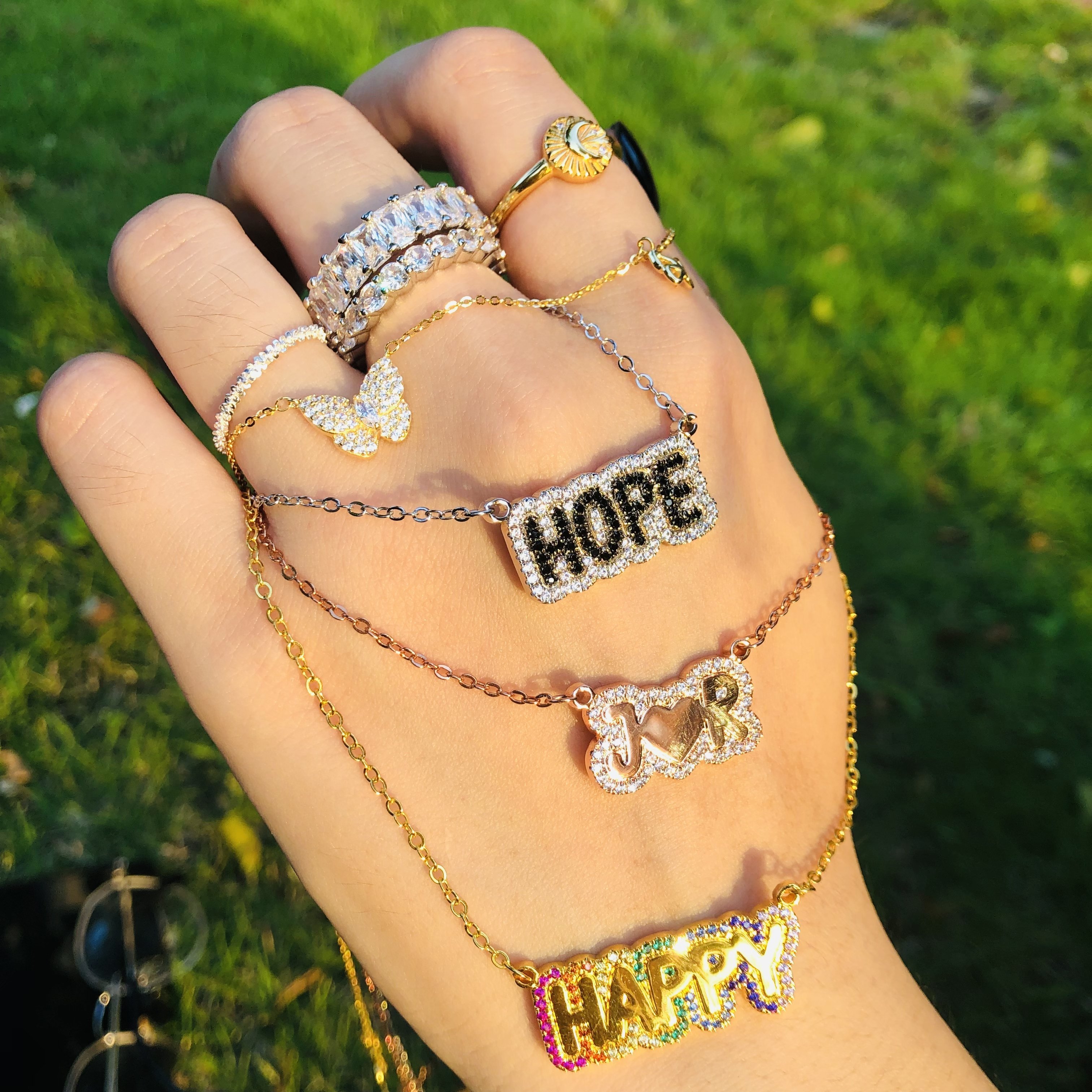 Large Bubble Name Necklace with Black CZ