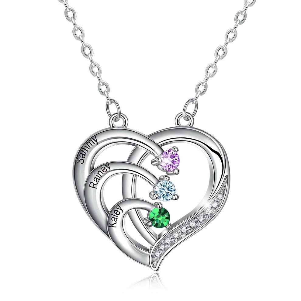 KissYan Personalized Love Heart Pendant Necklace With Cubic Zirconia Birthstone