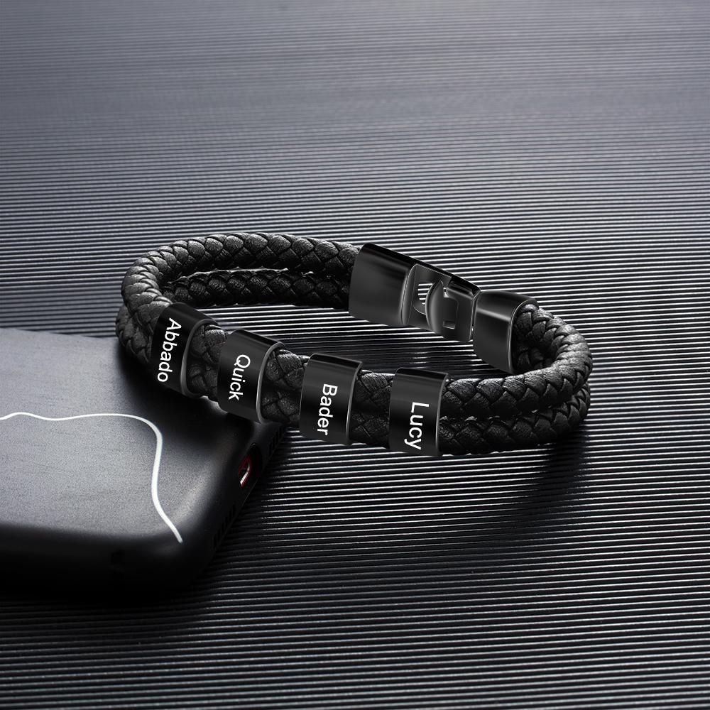 Men Leather Braided Bracelet with 4 Beads