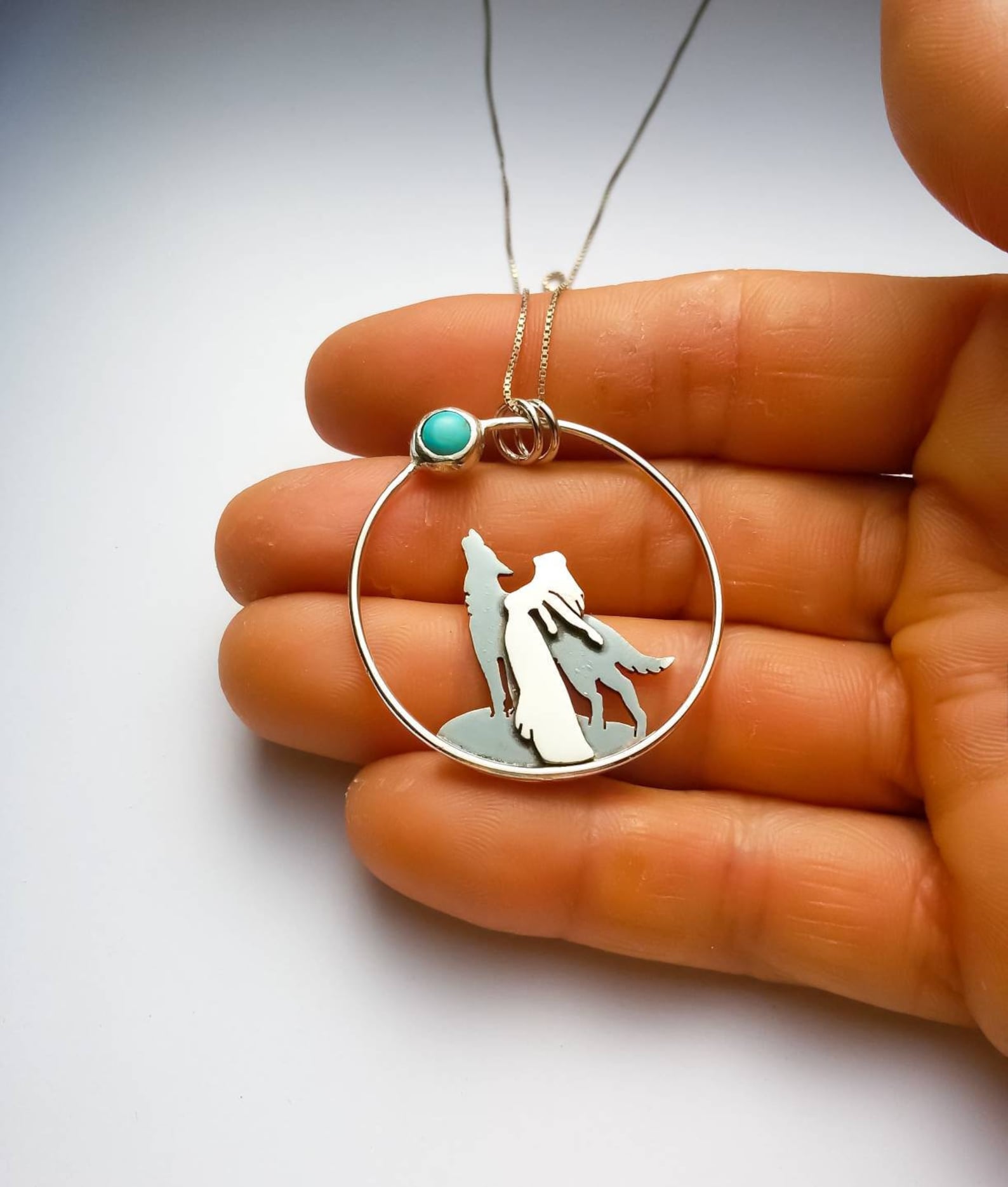 Wolf and Woman Howling at the Moon Necklace