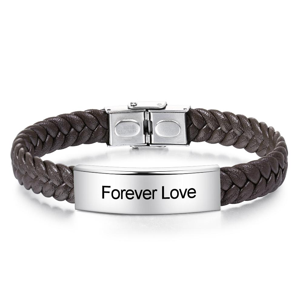 Mens Leather Bracelet Engraved Personalized ID Bracelets Black Brown