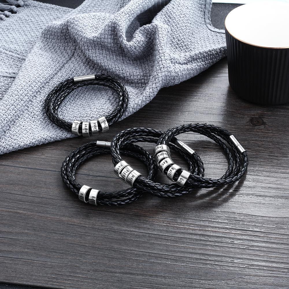 Personalized Mens Leather Braided Bracelet with 5 beads