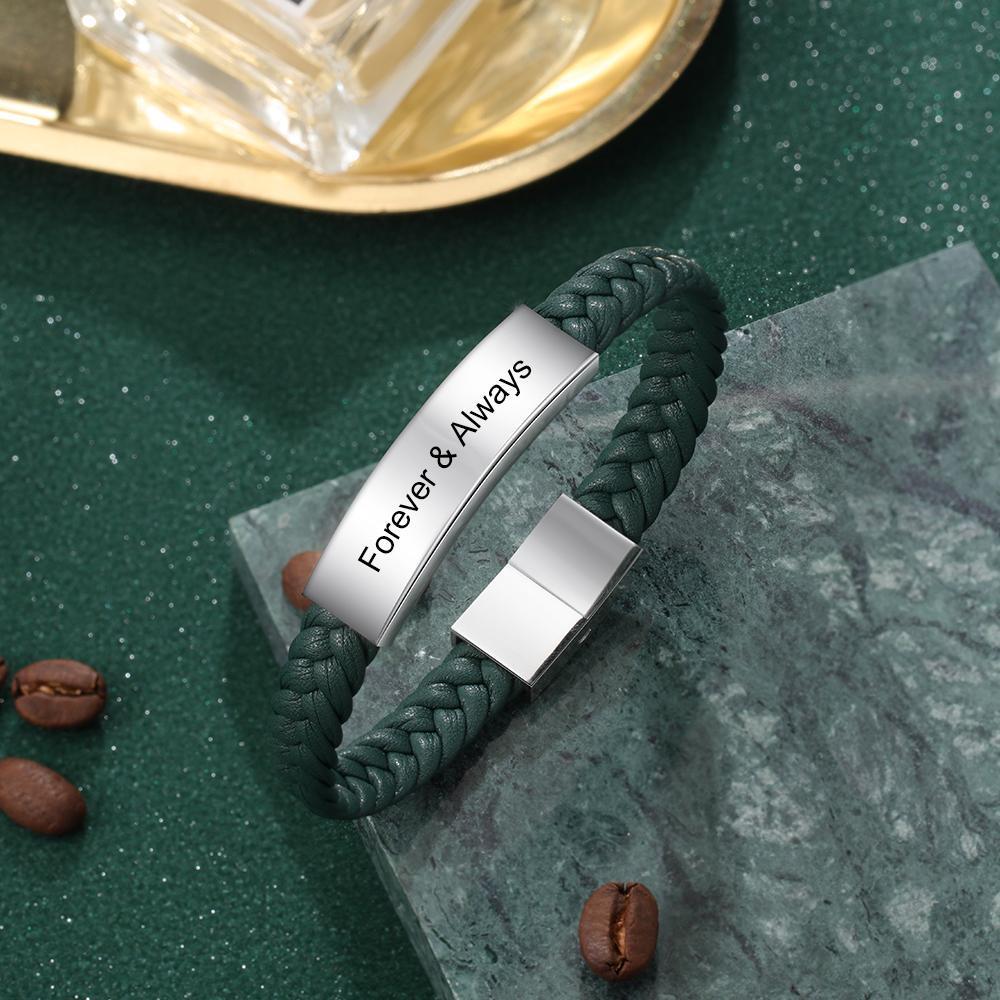 Mens Leather Bracelet Engraved Personalized ID Bracelets Black Brown