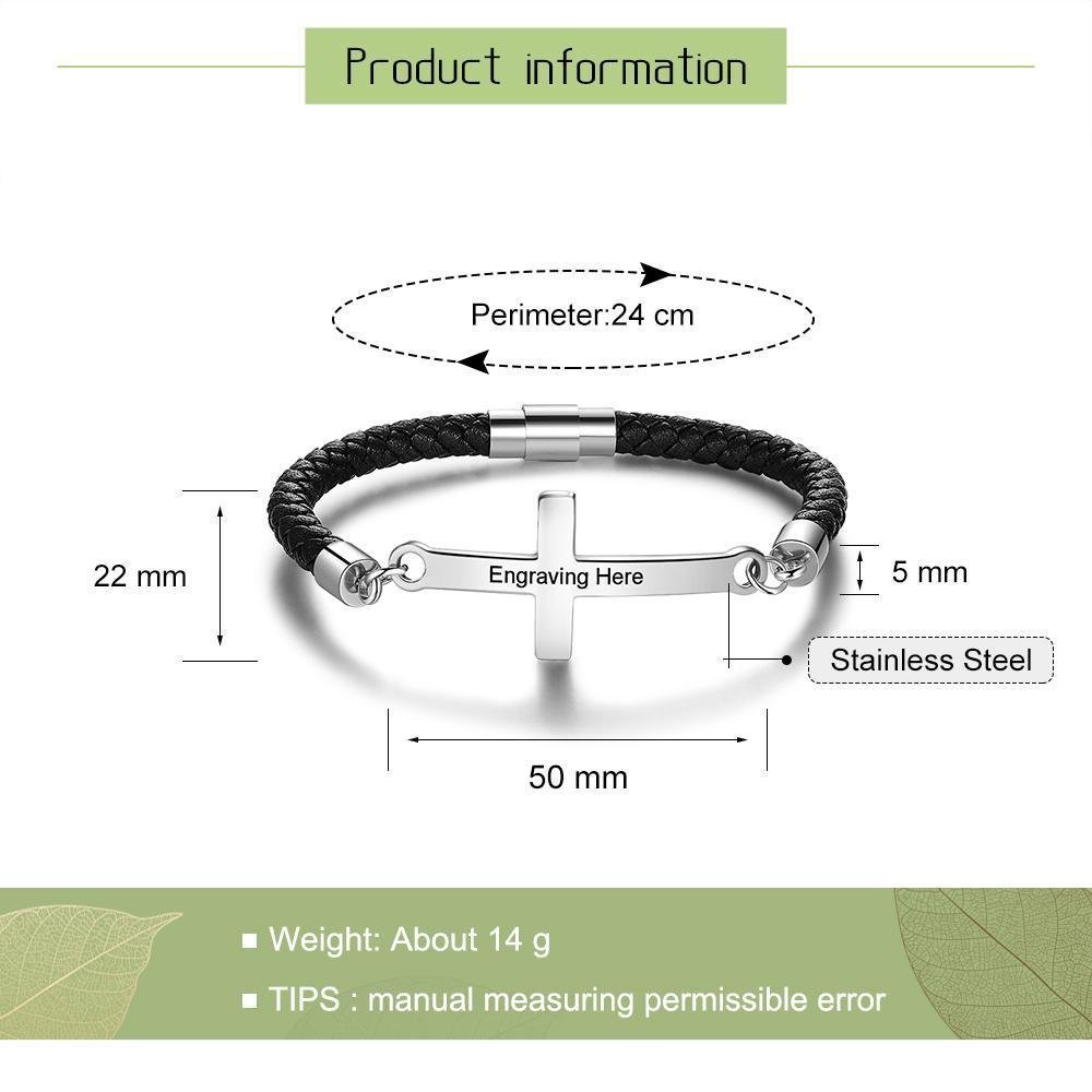 Men Leather Bracelet with Crosee Personalized Engraved Bracelet Black