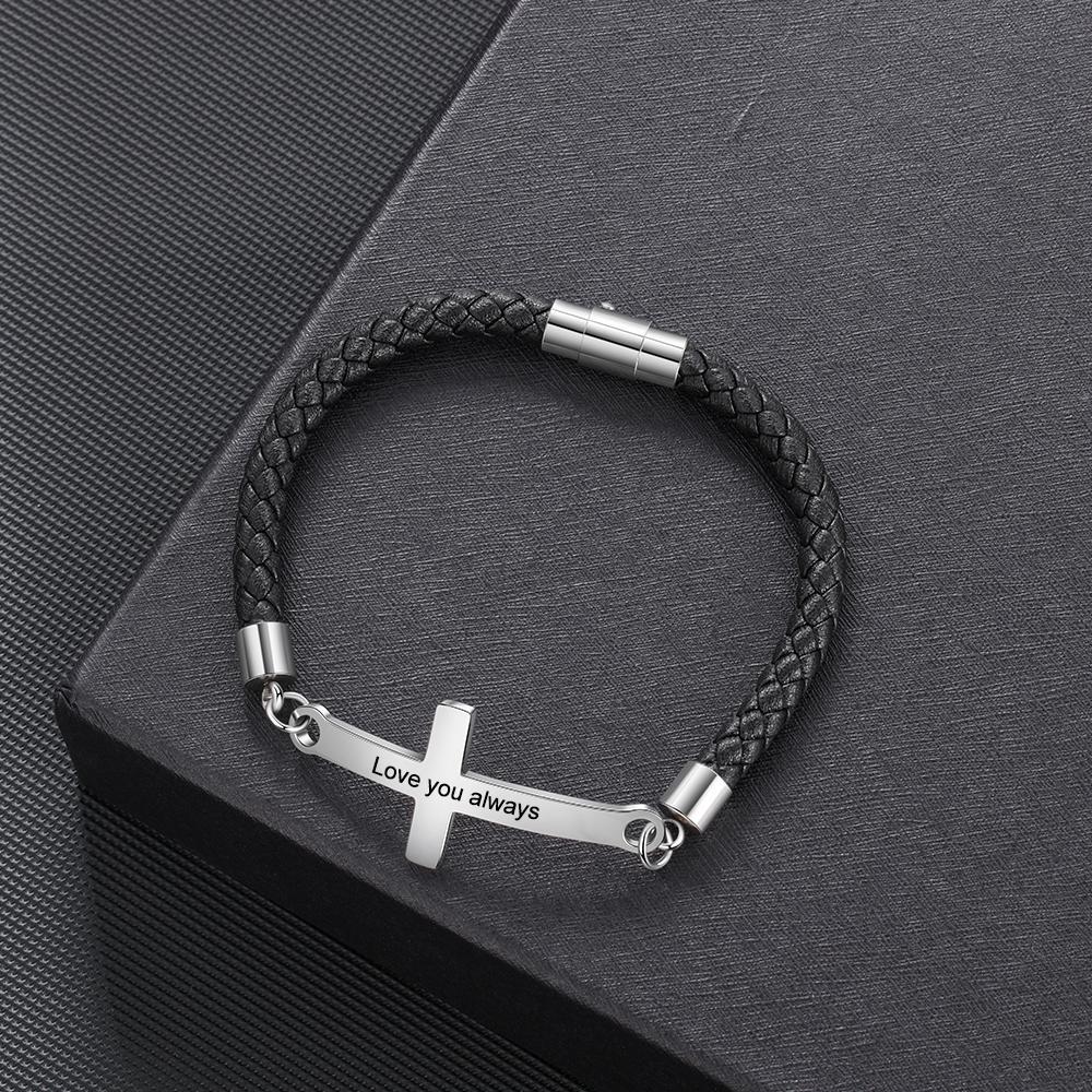 Men Leather Bracelet with Crosee Personalized Engraved Bracelet Black