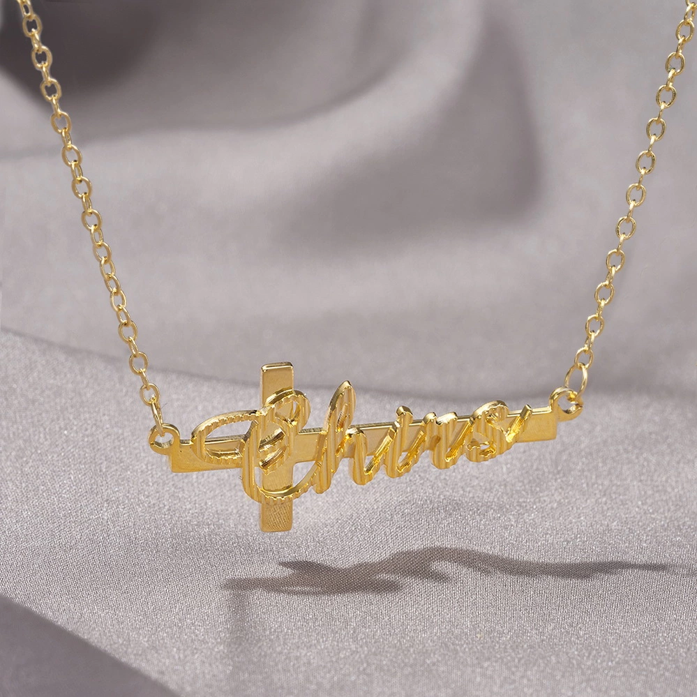 Cross Engraved Gold Name Necklace
