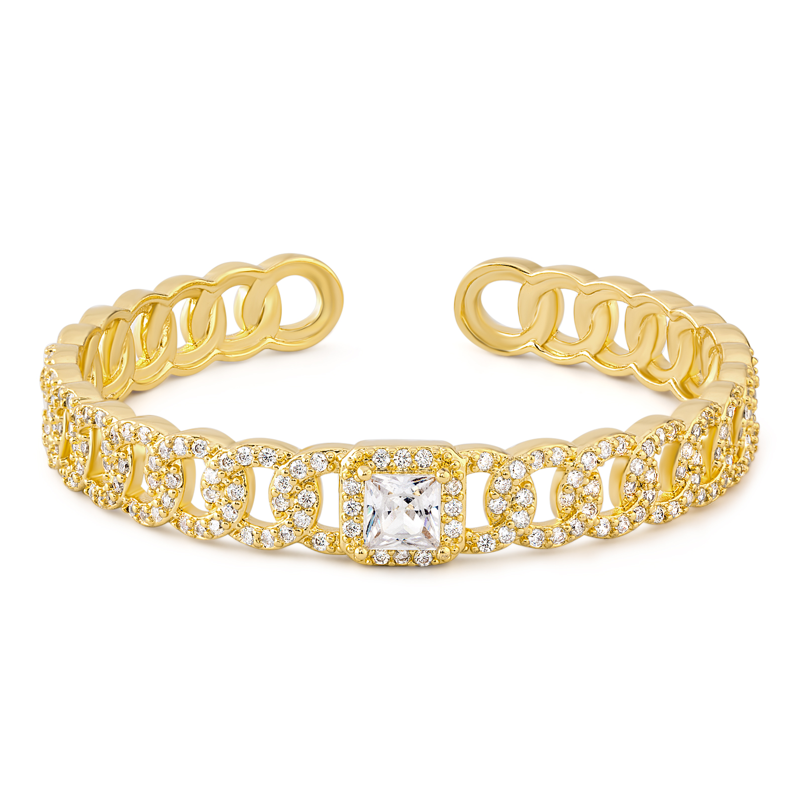 14K Yellow Gold Diamond Chain Link Open Bangle Bracelet